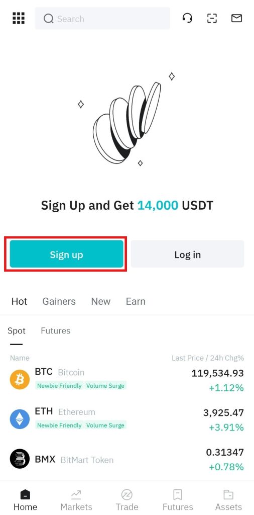 BitMart app Tutorial: App sign-up