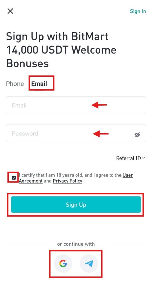 BitMart app Tutorial: Sign-up options