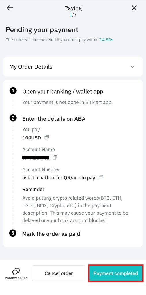 BitMart App Fiat Deposit Tutorial: P2P trading order page