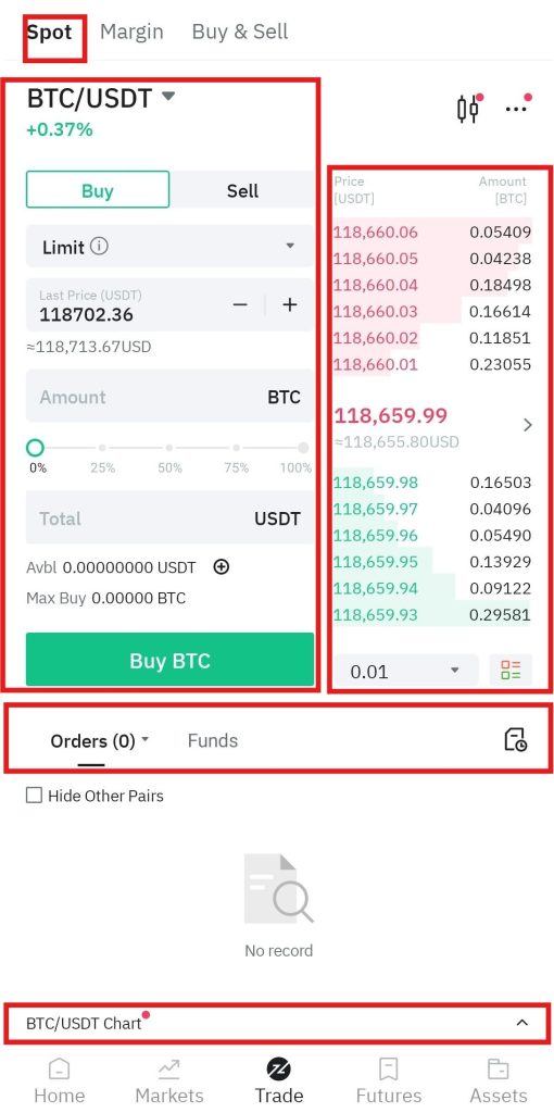 BitMart App Spot trading Tutorial: Spot trading interface