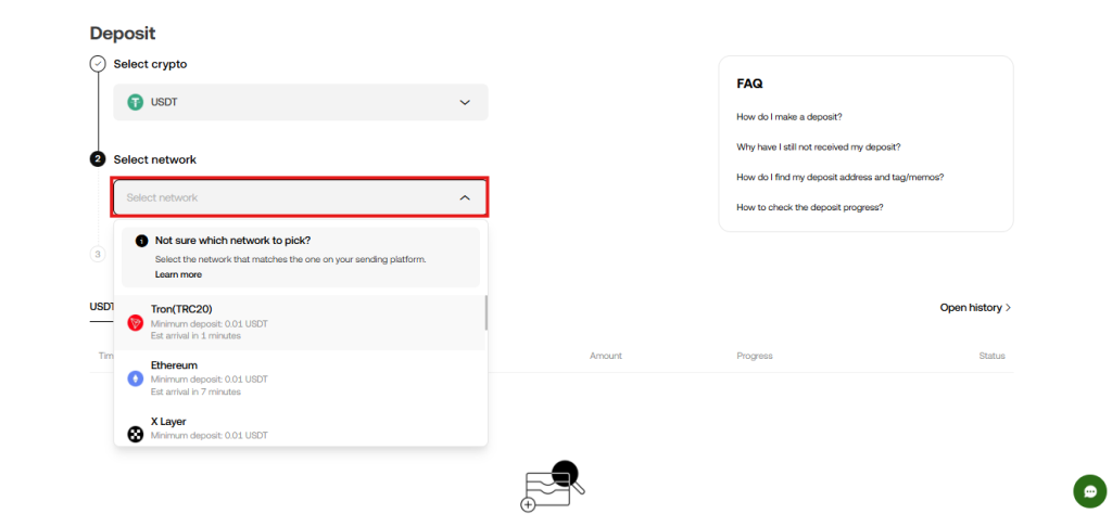 OKX deposit tutorial: Select network