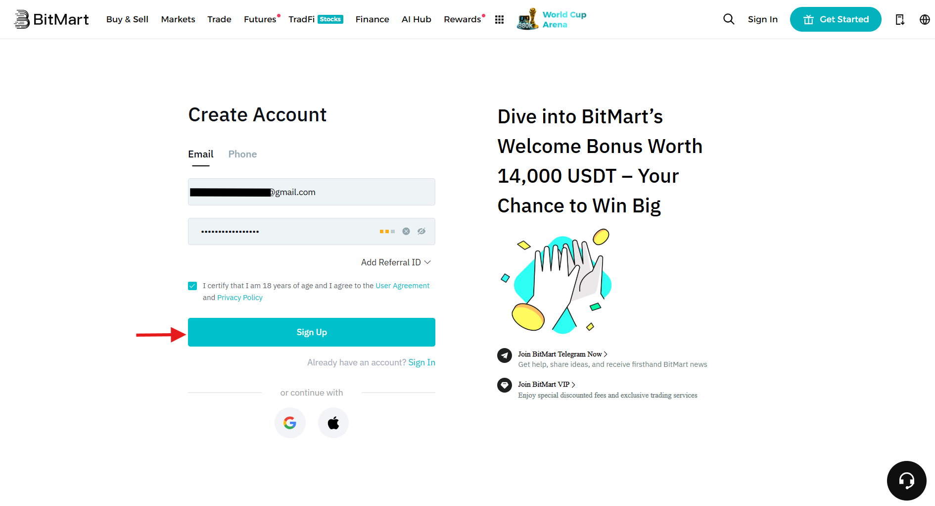 Bitmart Create account