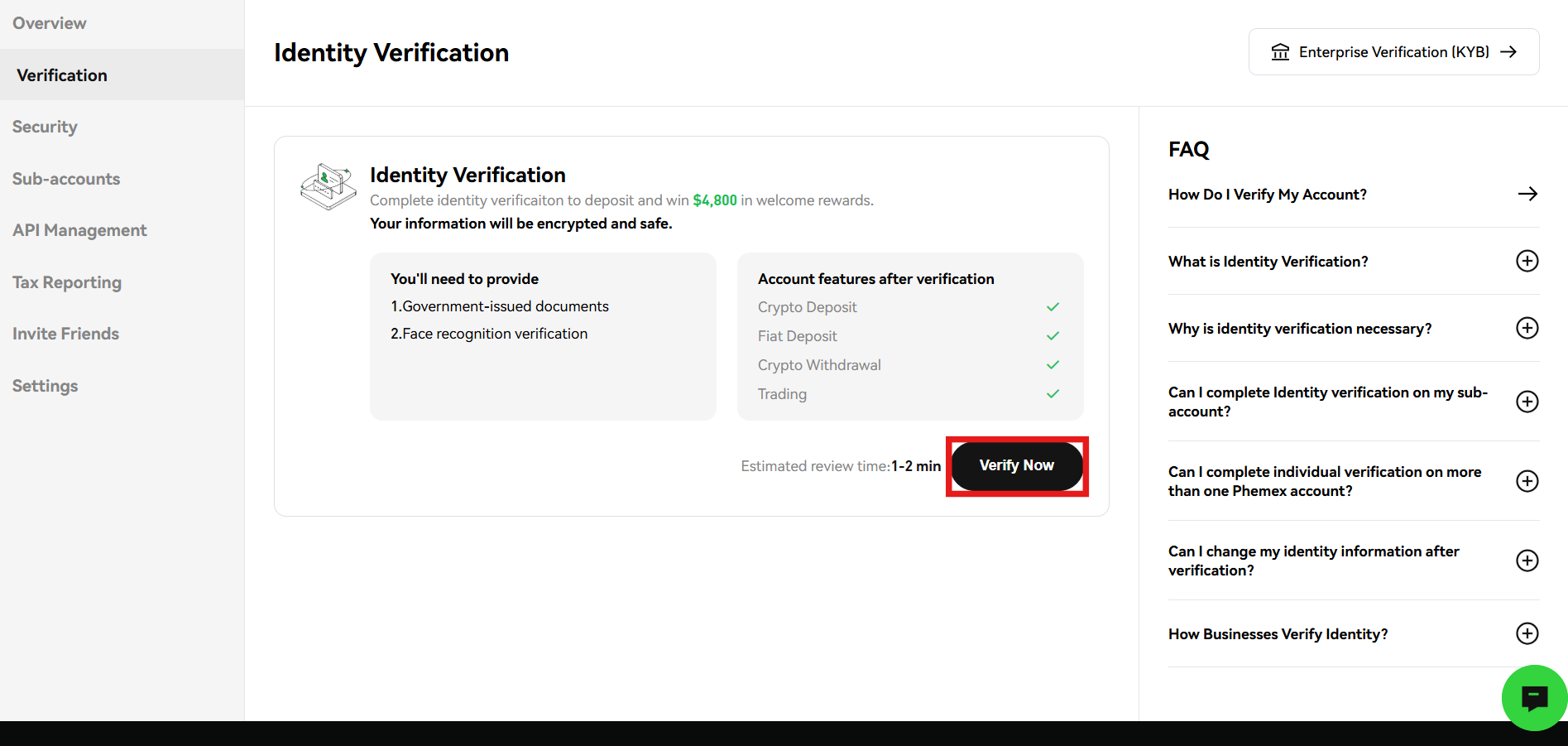 Phemex identity verification page