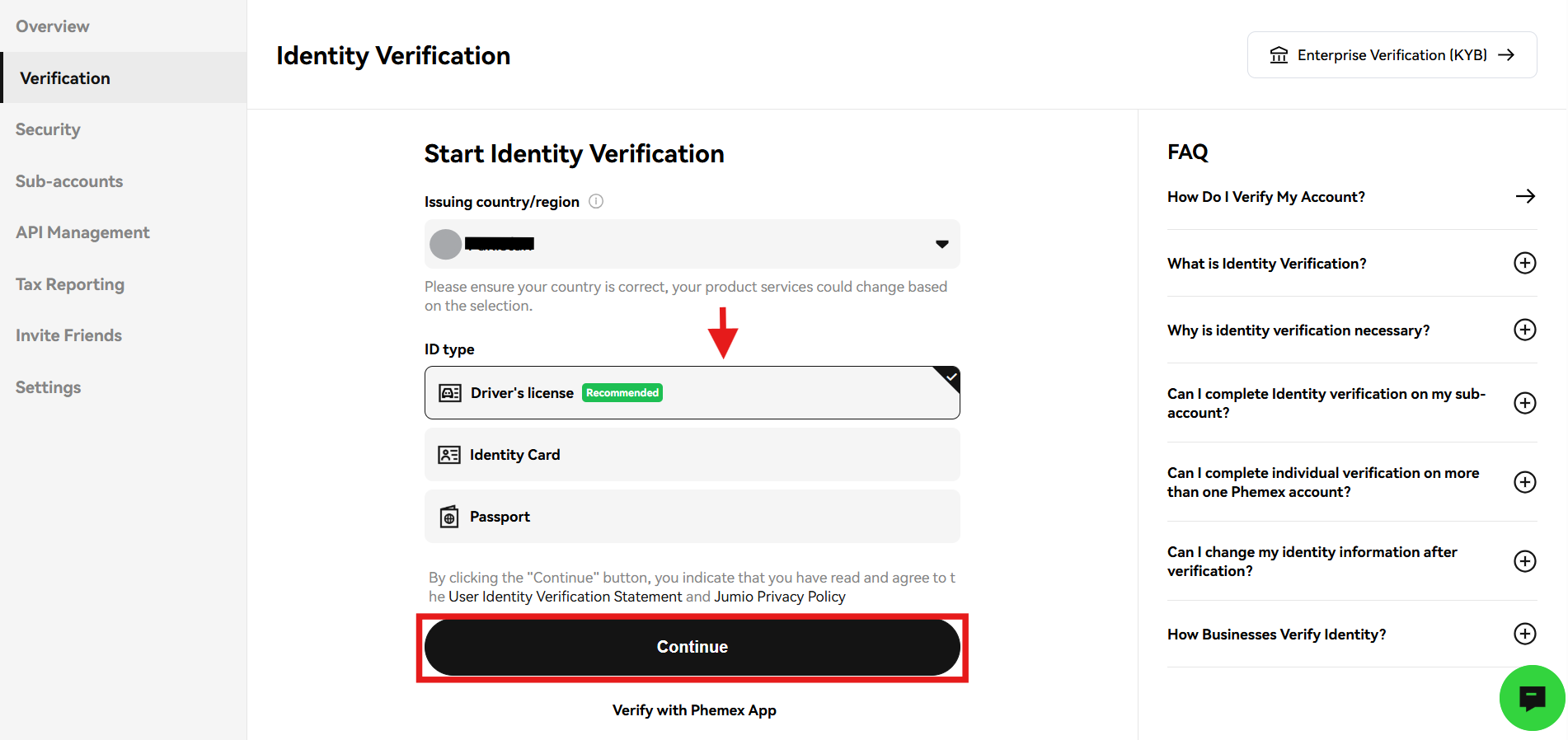 Phemex kyc details