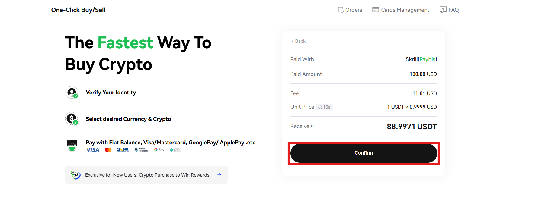 one click buy/sell order page