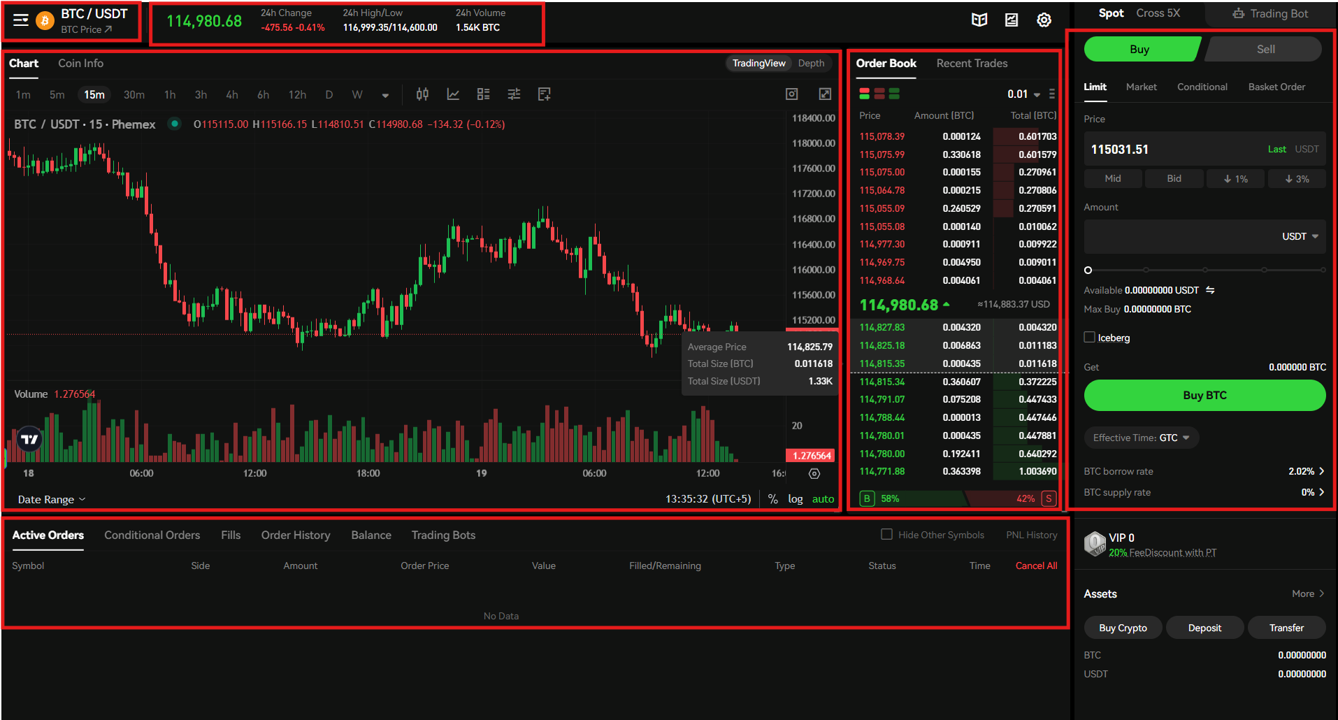 Phemex spot trading interface