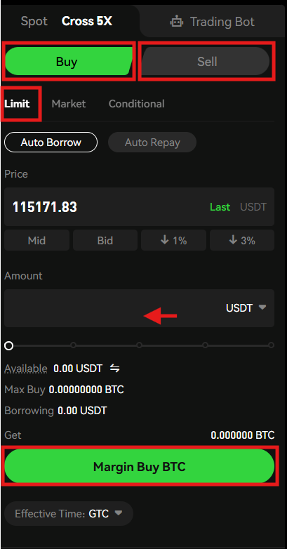 Phemex margin trading order panel