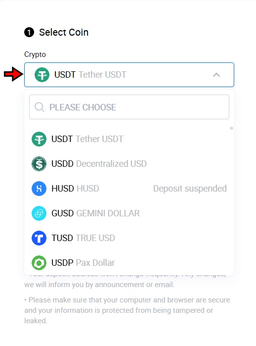 HTX Deposit Tutorial: Choose cryptocurrency to deposit