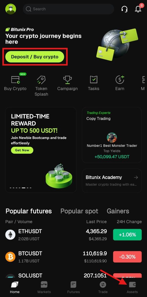 Bitunix App Crypto Deposit Tutorial: Select cryptocurrency