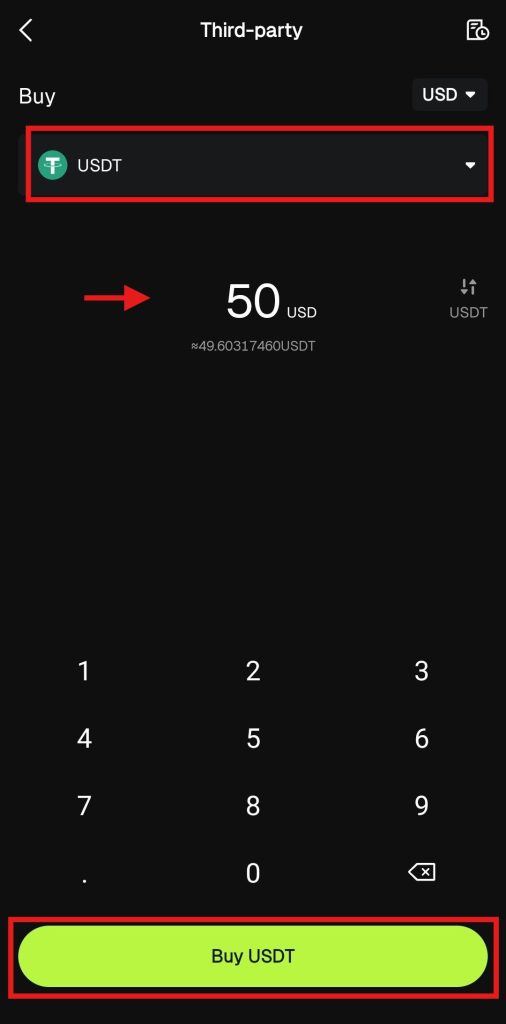 Bitunix Buy crypto with fiat App Tutorial: Enter Order amount