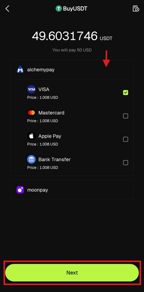 Bitunix Buy crypto with fiat App Tutorial: Third-party payment provider