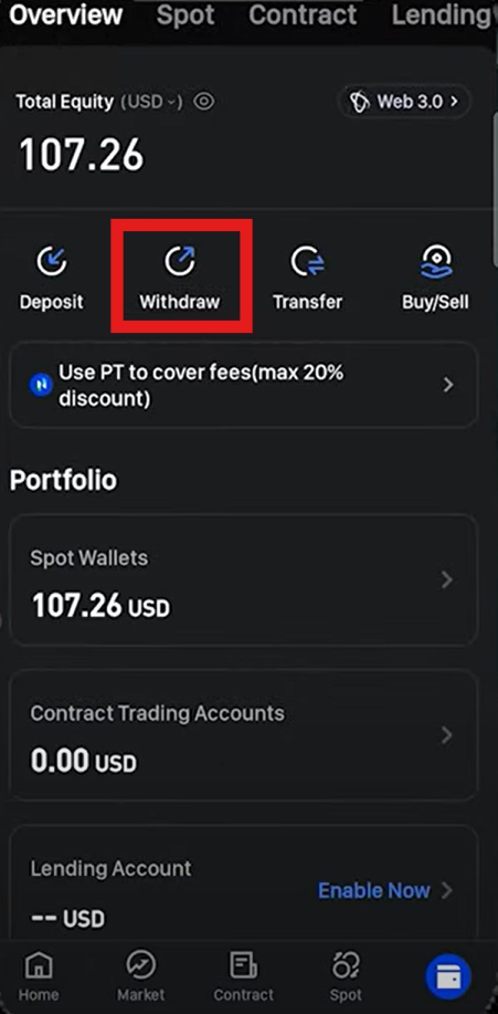 Bitunix App Crypto withdrawal Tutorial: Select the Withdraw option
