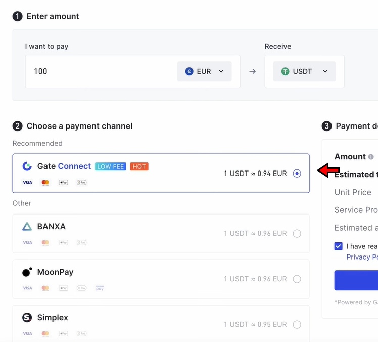 Gate.io Buying Crypto Tutorial: Choose payment option