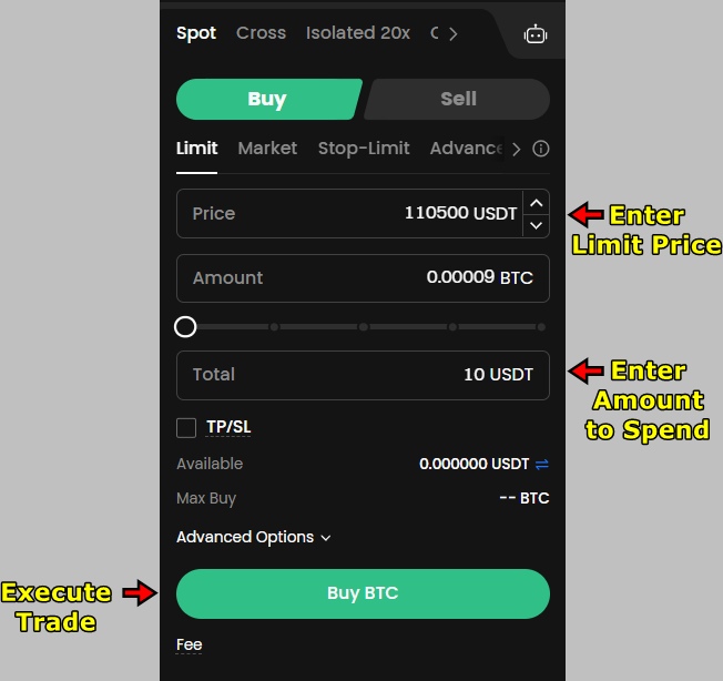 Gate.io Spot Trading Tutorial: Enter trade details
