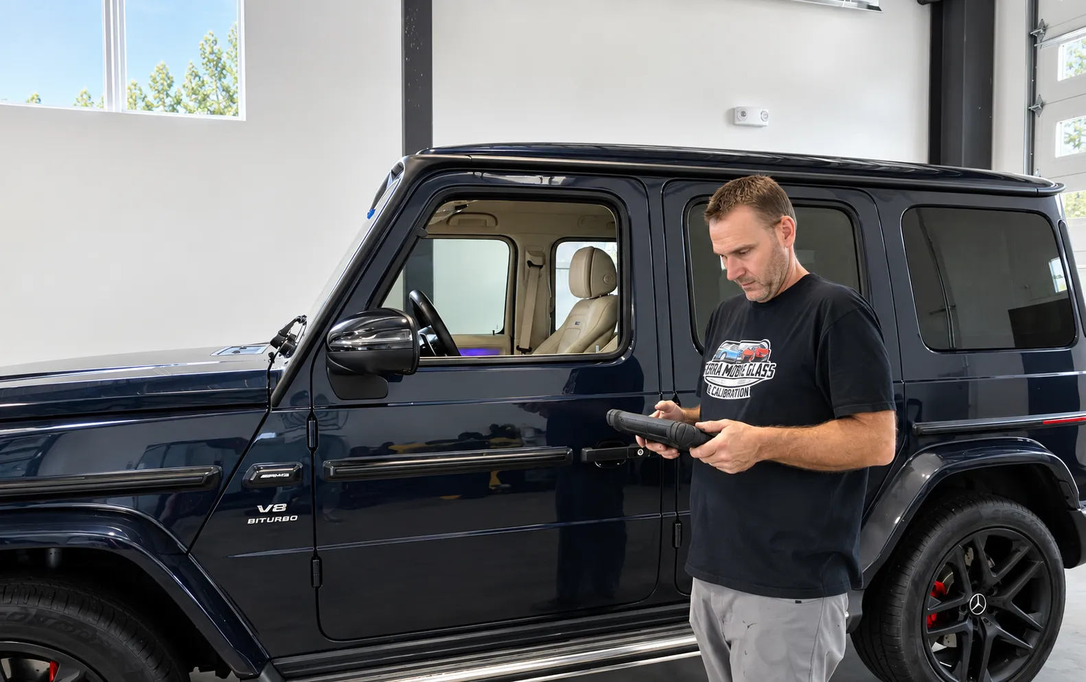 Technician holding a tablet beside a dark Mercedes-Benz G-Class in the Truckee shop.