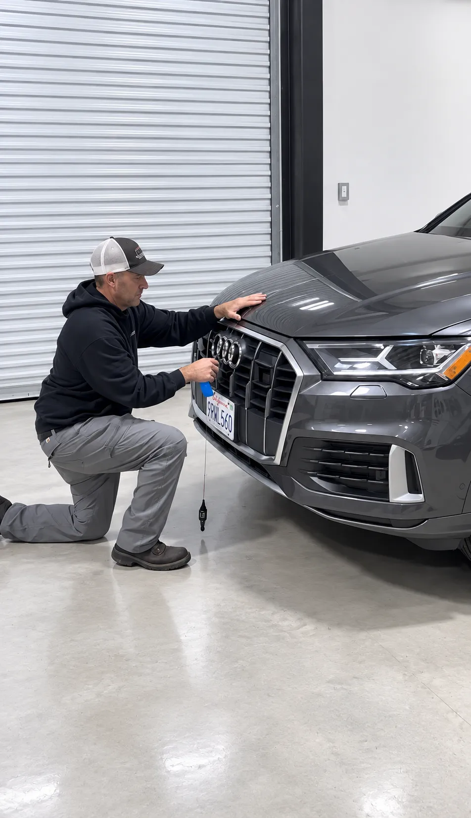 Technician working at the front grille of a gray Audi SUV in the Truckee shop.