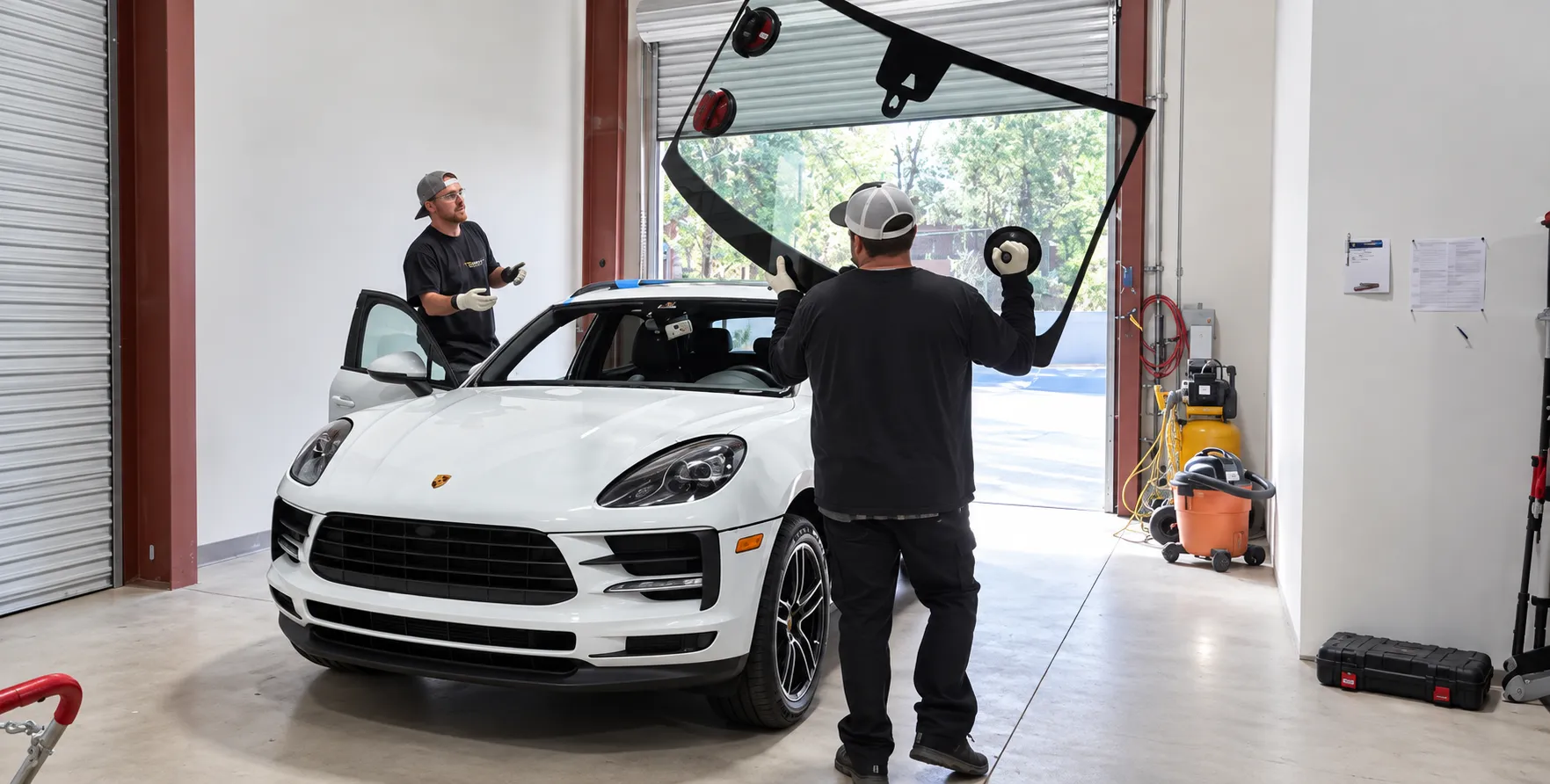 Two technicians handling a windshield above a white Porsche SUV in the Truckee service bay.