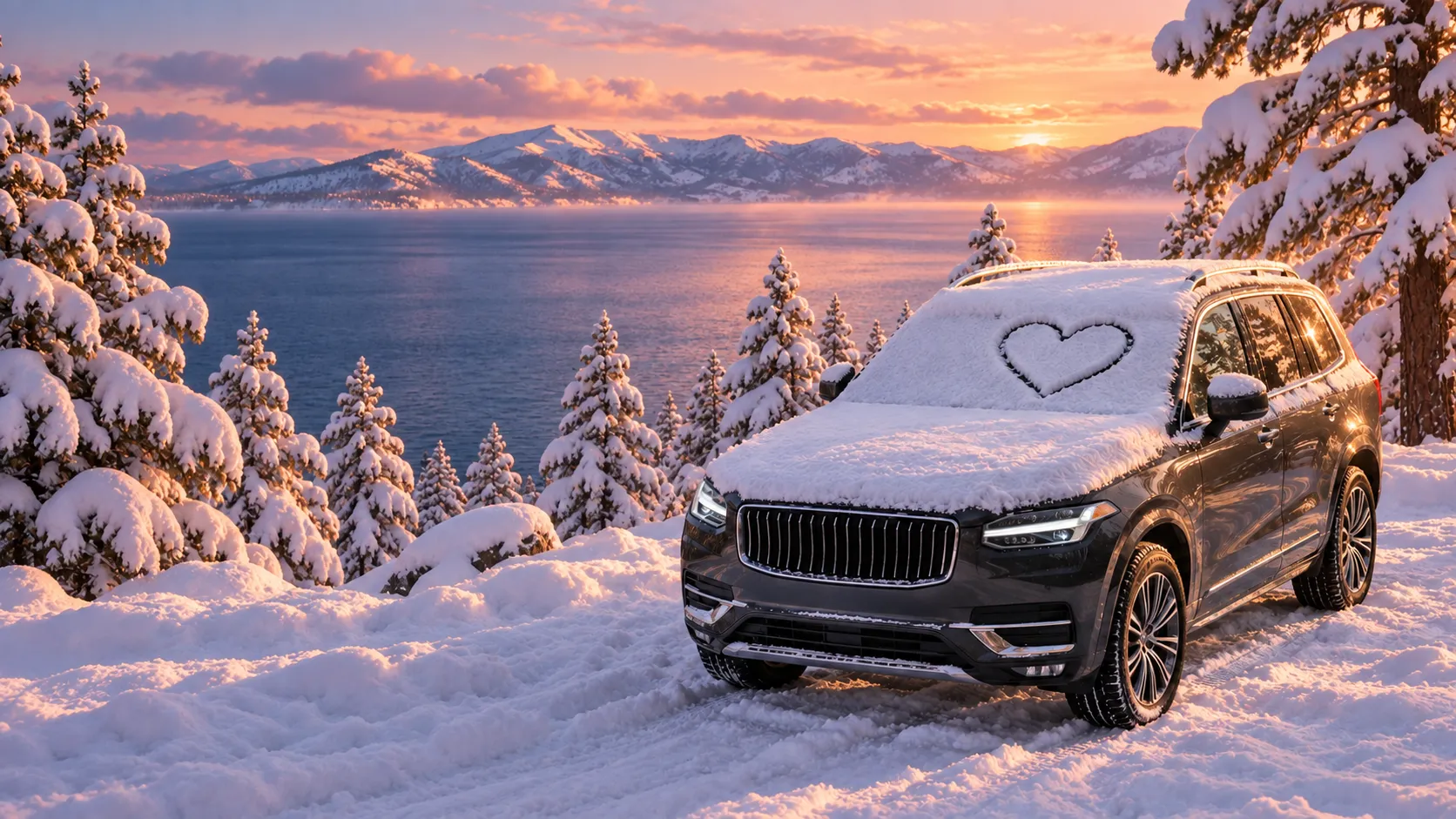 Snowy lakefront scene with a luxury SUV and a heart traced in snow on its windshield.