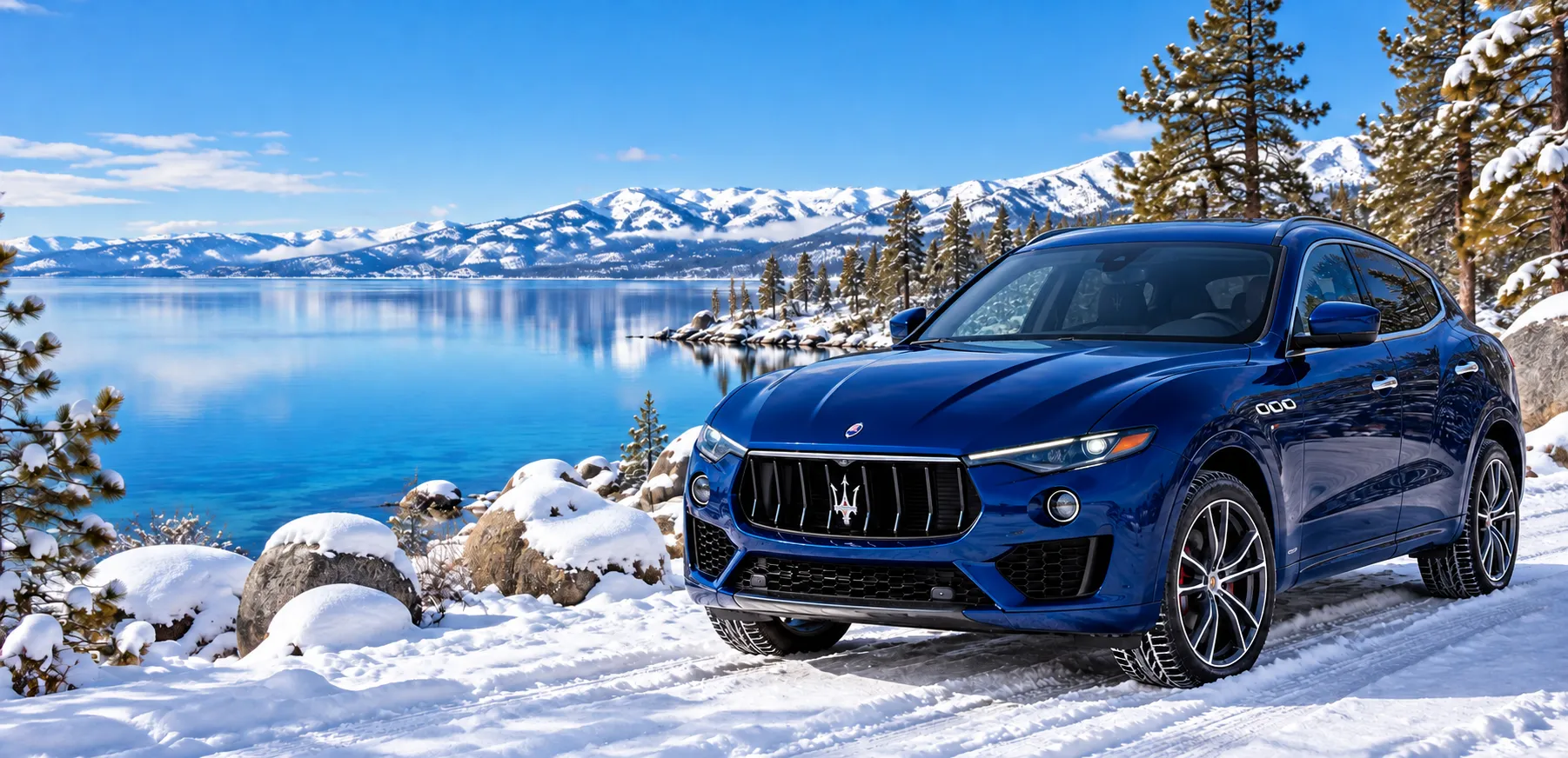 Blue Maserati Levante overlooking a clear alpine lake with snowy mountains and shoreline.