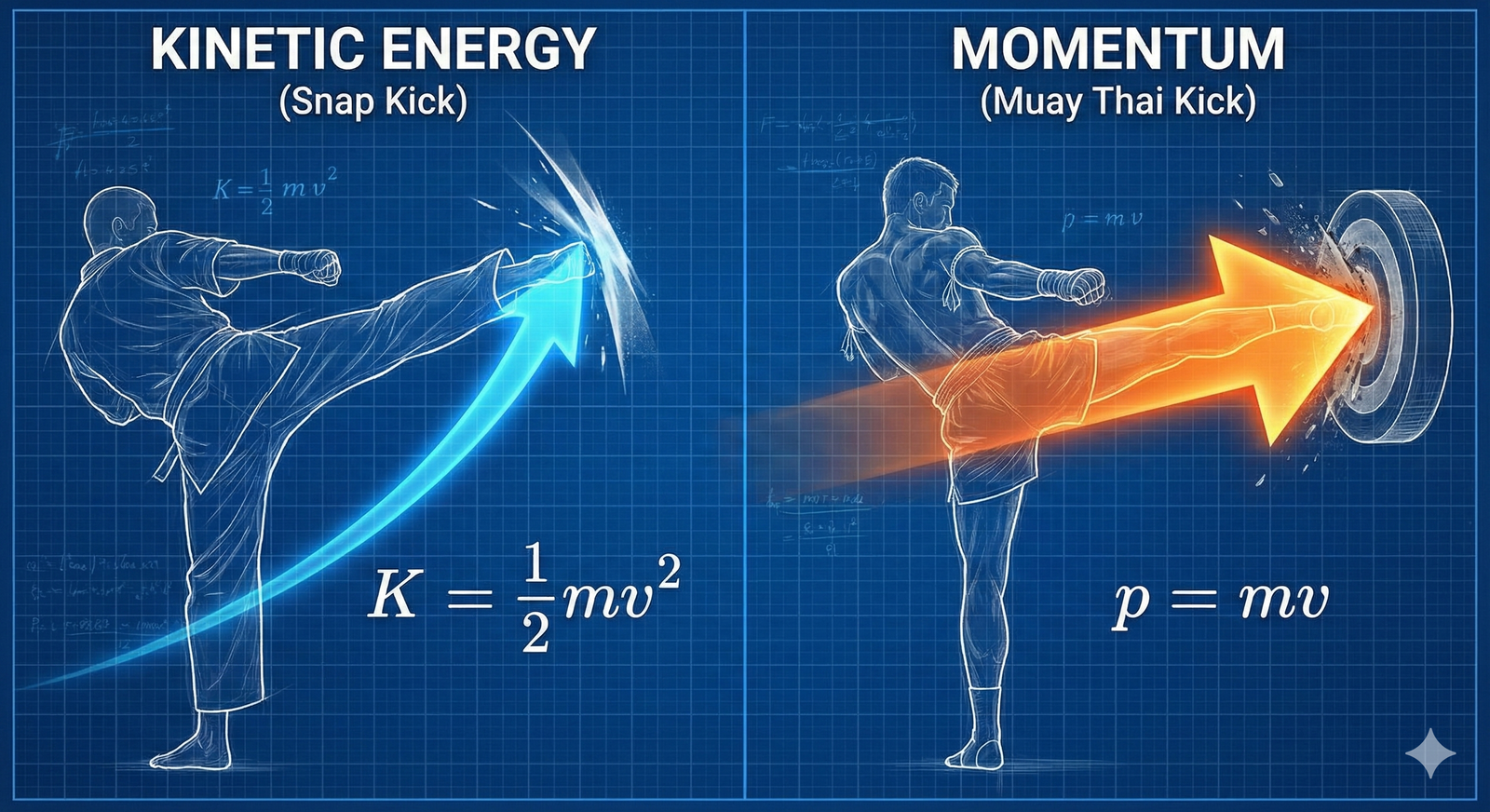 Blueprint-style scientific illustration explaining the physics of the Muay Thai kick, showing rotational mechanics, momentum transfer, and biomechanical structure of a fully extended kicking leg