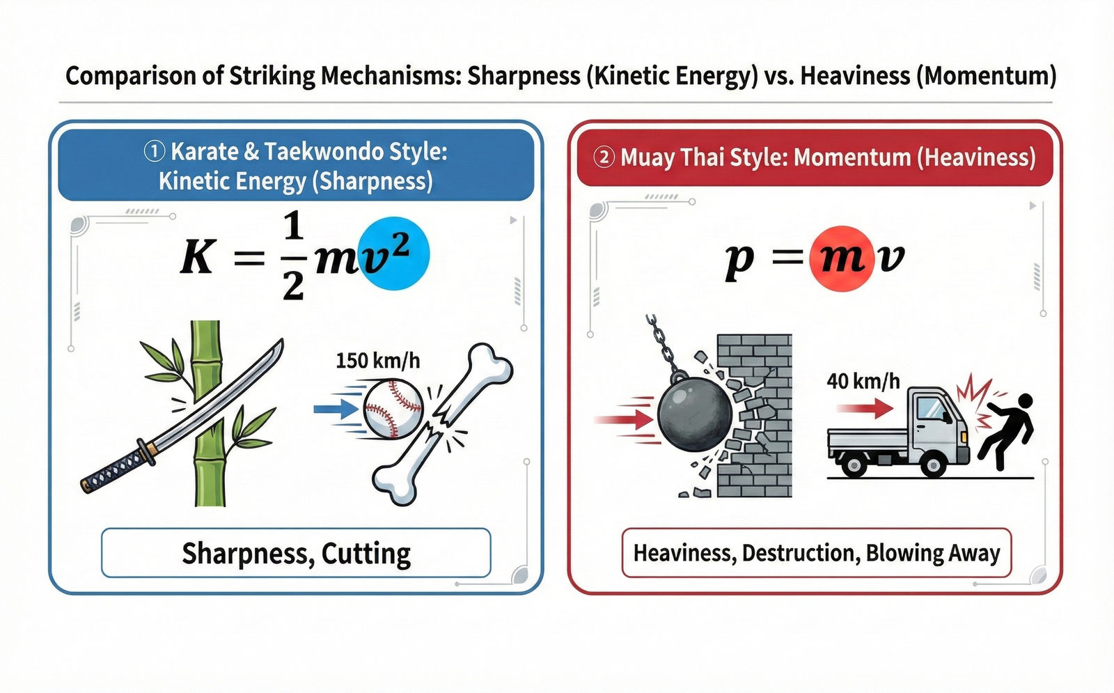 Comparison diagram of striking mechanics showing kinetic energy versus momentum: Karate and Taekwondo style emphasizing velocity and sharpness using the kinetic energy equation, contrasted with Muay Thai style emphasizing mass and heaviness using momentum to generate destructive force