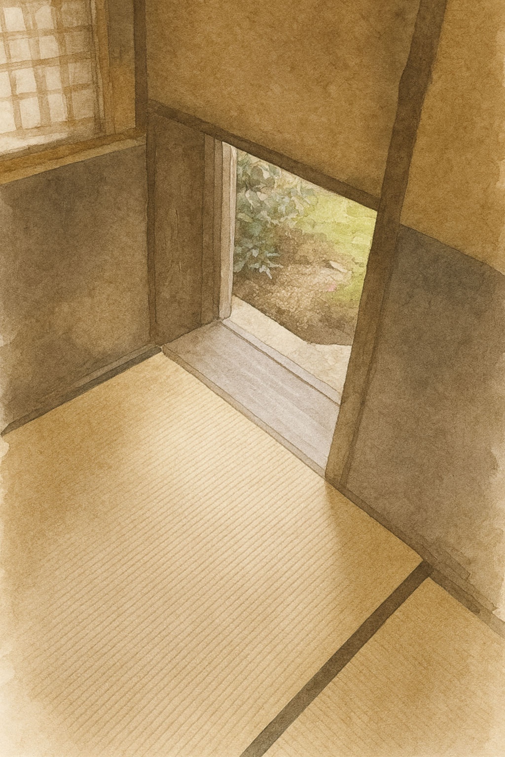 Watercolour illustration of a tatami tearoom interior with a low doorway opening onto a garden.