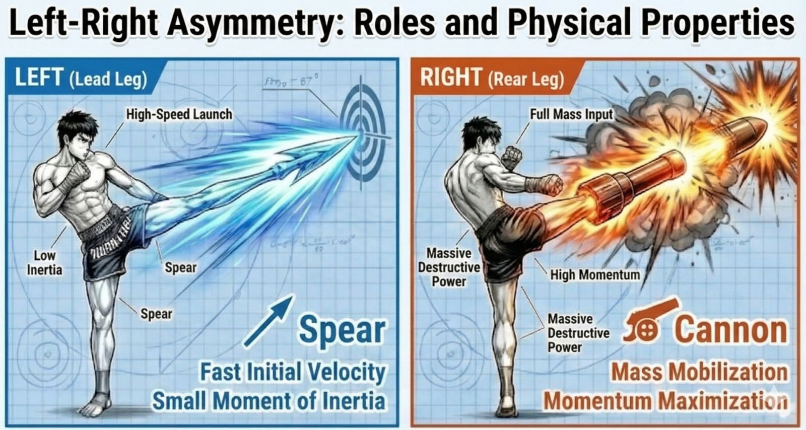 Side-by-side graphic of left vs right Muay Thai kicks: lead-leg “spear” for fast launch and low inertia, rear-leg “cannon” for mass mobilization and momentum.