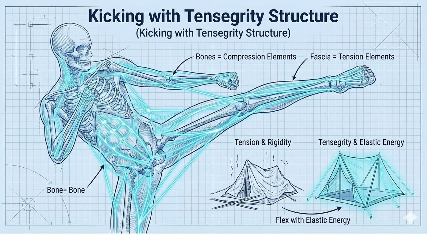 Blueprint-style diagram of a Muay Thai kick showing bones as compression elements and fascia as tension elements, comparing rigid tension vs tensegrity-driven elastic energy (tent analogy).