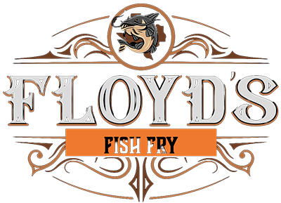 Logo for Floyd's Fish Fry featuring a stylized fish and decorative ornamental lines.