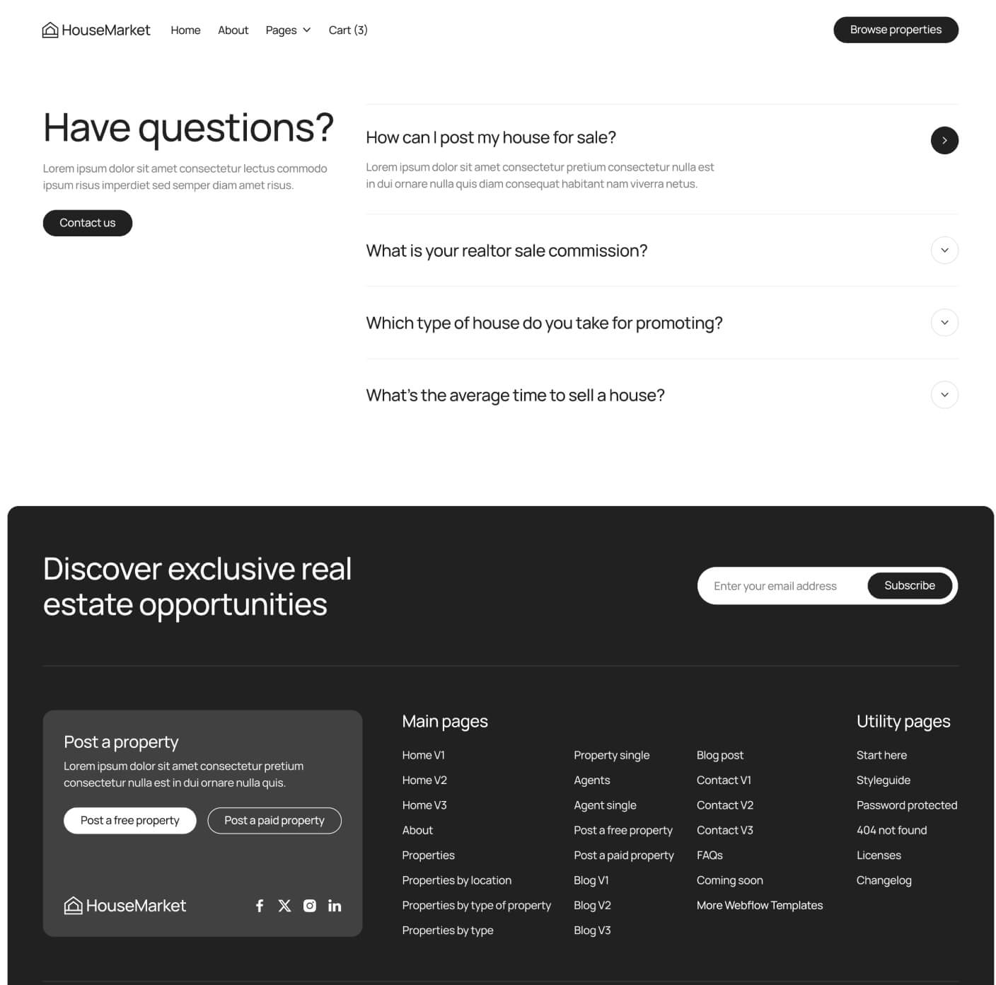 HouseMarket - FAQs Page - Real Estate Webflow Template