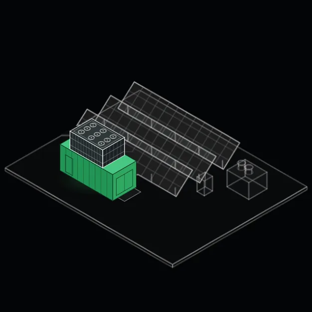 3D model of a mechanical or industrial setup with a green rectangular base structure, a smaller cubic component on top featuring circular details, and transparent angular and cubic shapes on a black background.