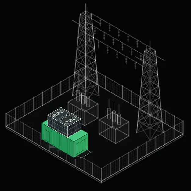 3D isometric illustration of a fenced electrical substation with two transmission towers and multiple transformers, one transformer highlighted in green.