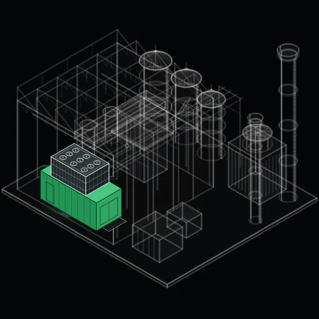 3D schematic diagram of an industrial facility with multiple cylindrical tanks and structures, highlighting one green rectangular building with a black rooftop unit containing eight circular components.