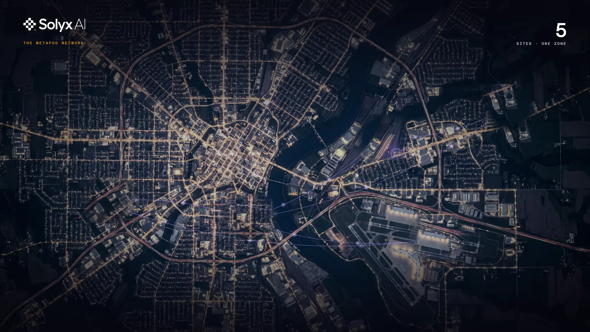 Aerial view of a metro area with five MetaPod sites