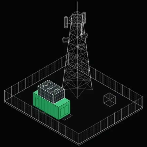 3D wireframe model of a telecommunications tower enclosed in a fenced area with a green equipment container and a small wireframe cube.