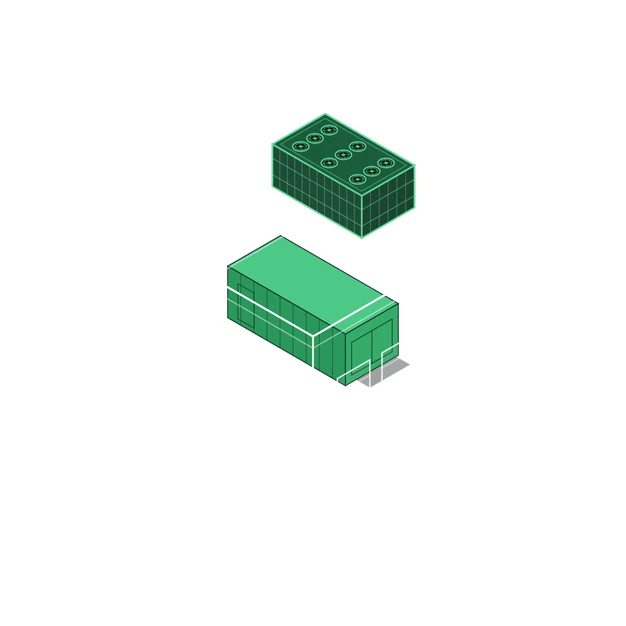 Isometric illustration of a small green rectangular building with a door and roof vents, and a separate smaller green rectangular unit with circular top features, resembling HVAC components.