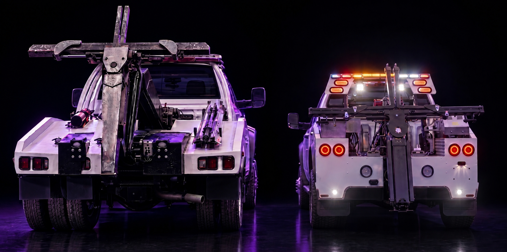 Side profile of a white NovaTow unit built on a Toyota Tacoma, lit with violet underglow in a studio