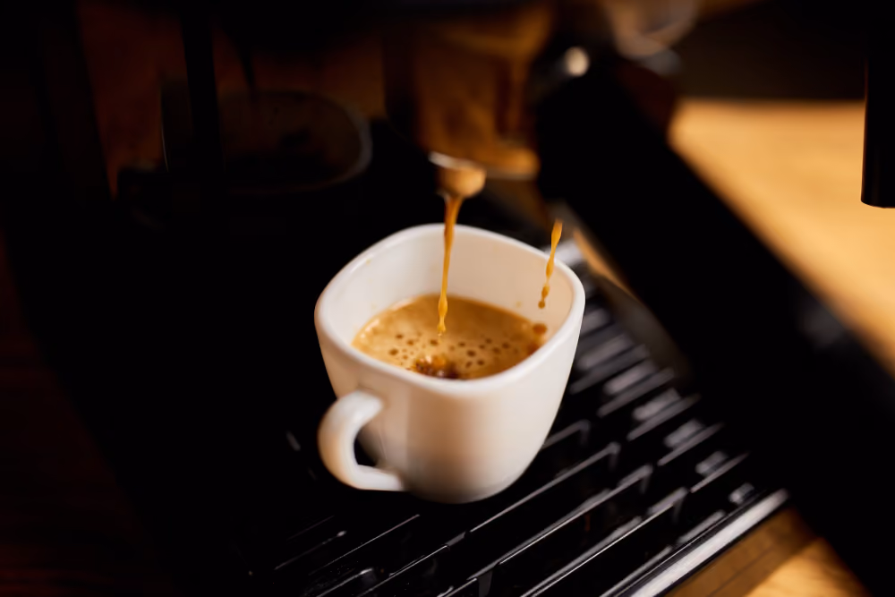 Close-up of a white ceramic cup positioned on an espresso machine drip tray as coffee streams down into it, forming a layer of crema on top.