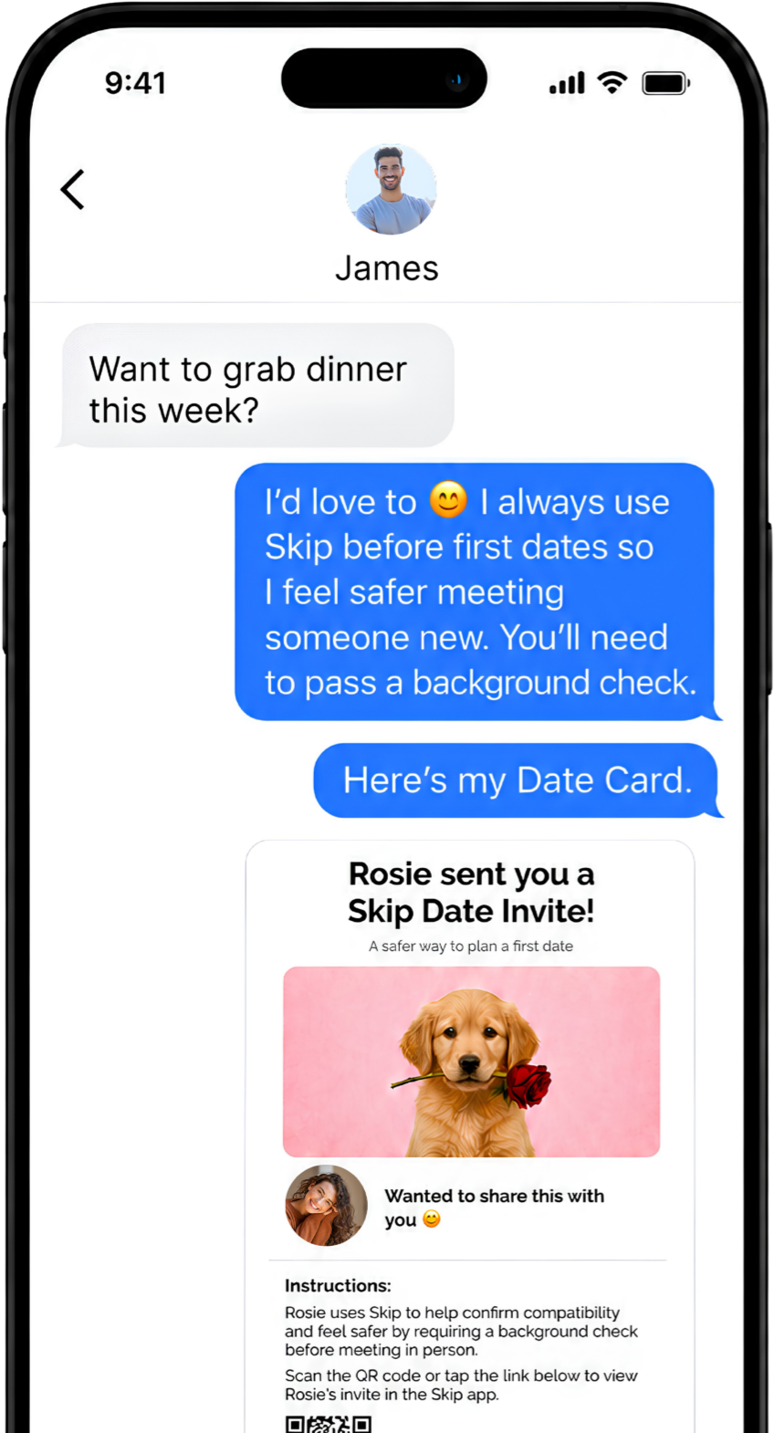 A Skip Digital Date Card shared in a text conversation