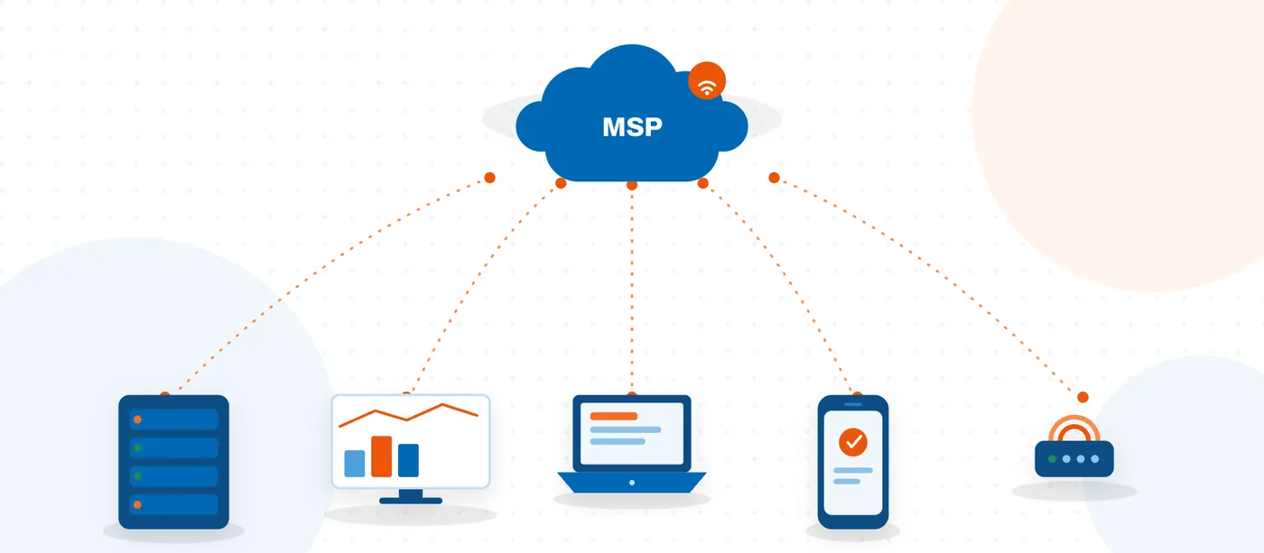 Illustration of an MSP's cloud connecting client devices and servers