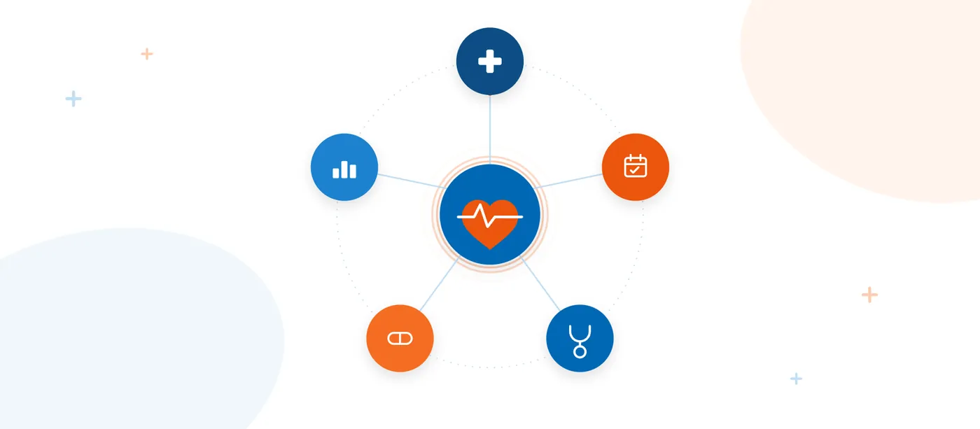 Illustration of connected healthcare systems linked to one support hub