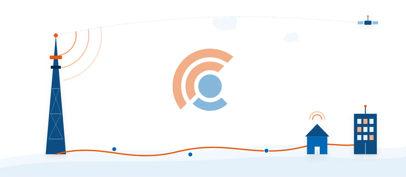 Illustration of a cell tower carrying signal to subscriber homes
