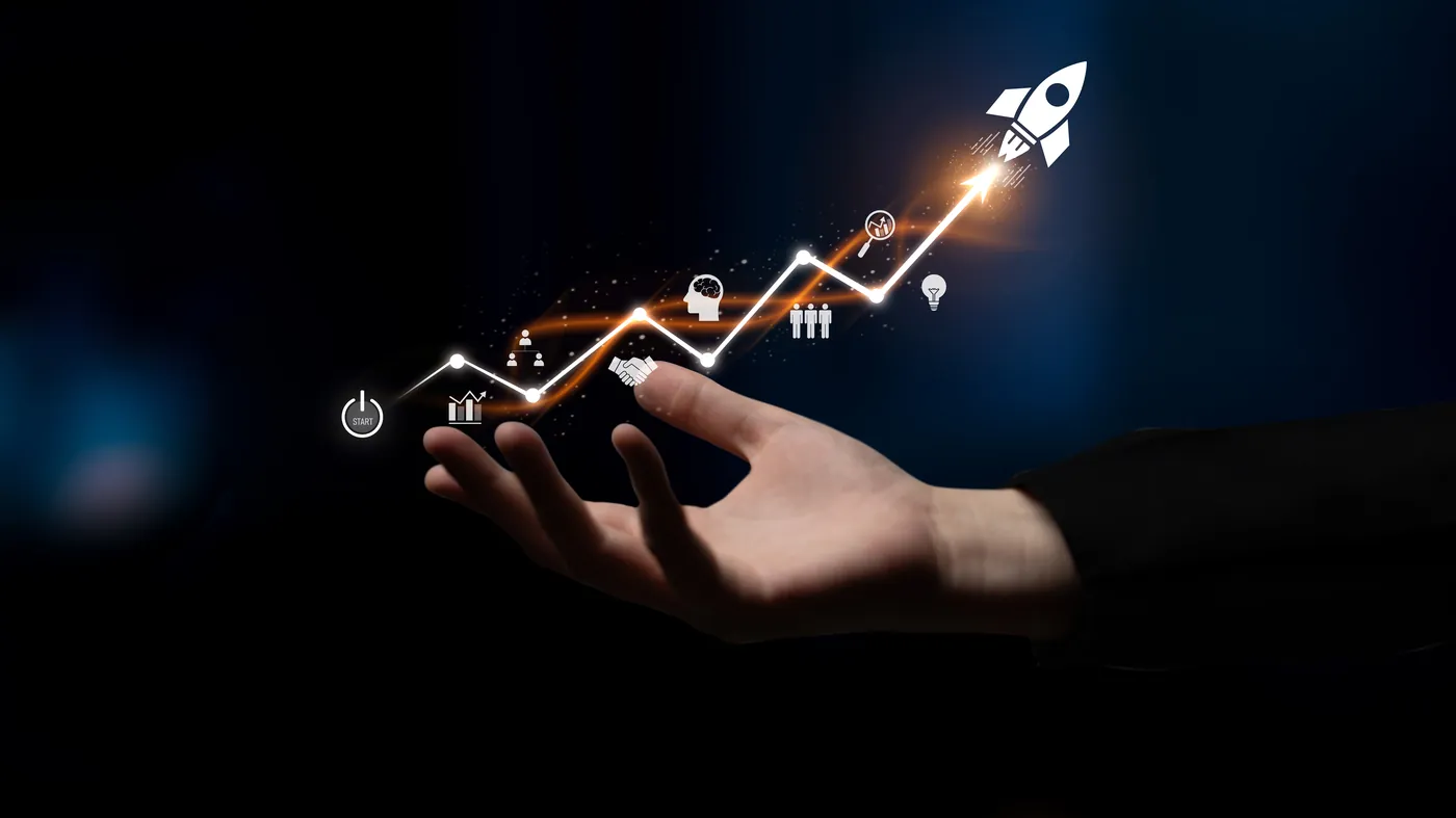 Rising arrow above an open hand, showing support that scales without a hiring cycle