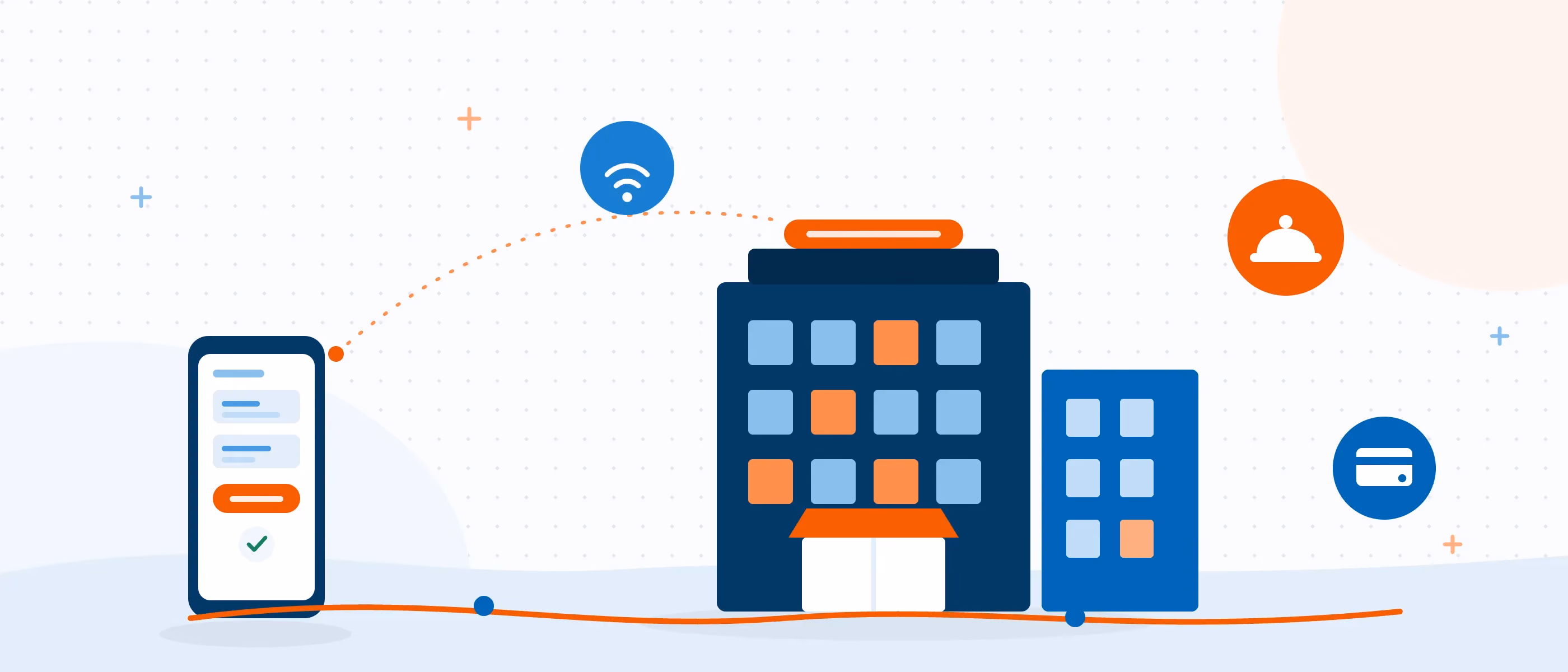 Illustration of a hotel connected to guest devices and services