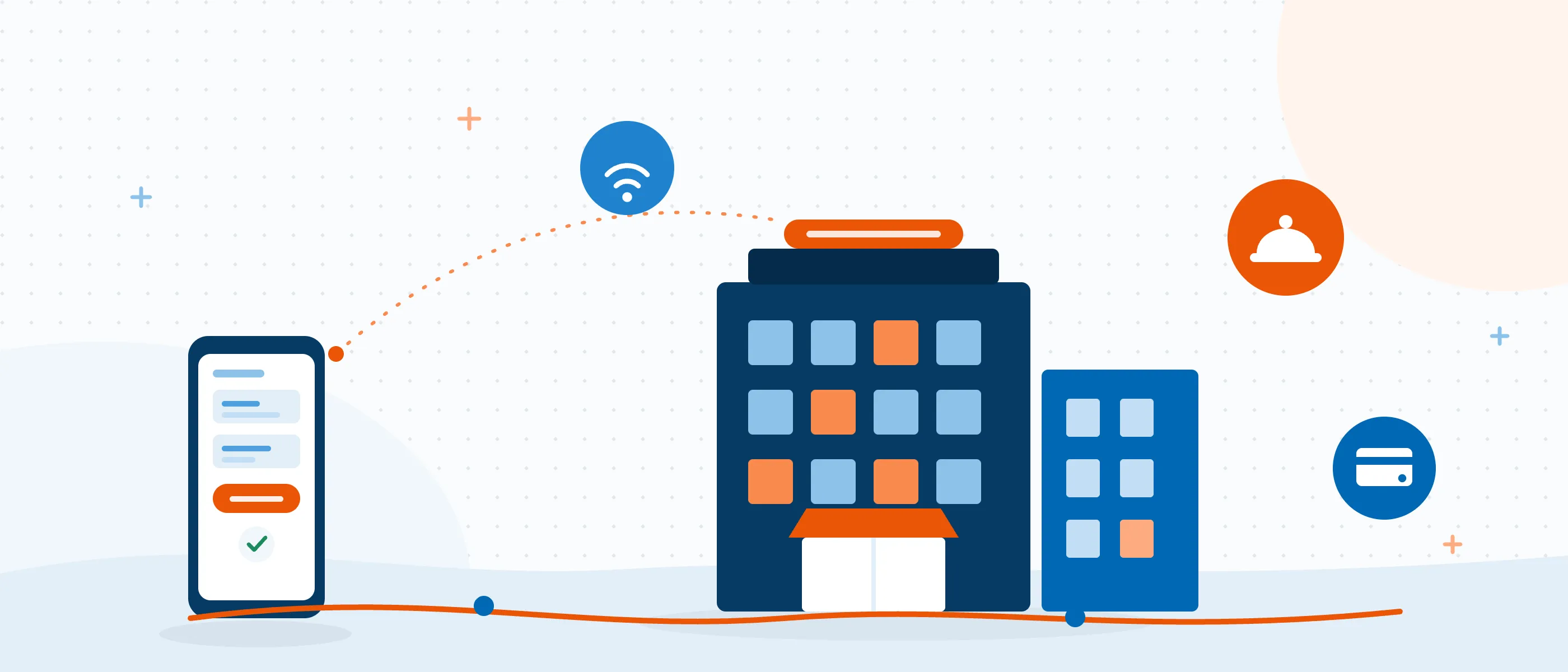 Illustration of a hotel connected to guest devices and services