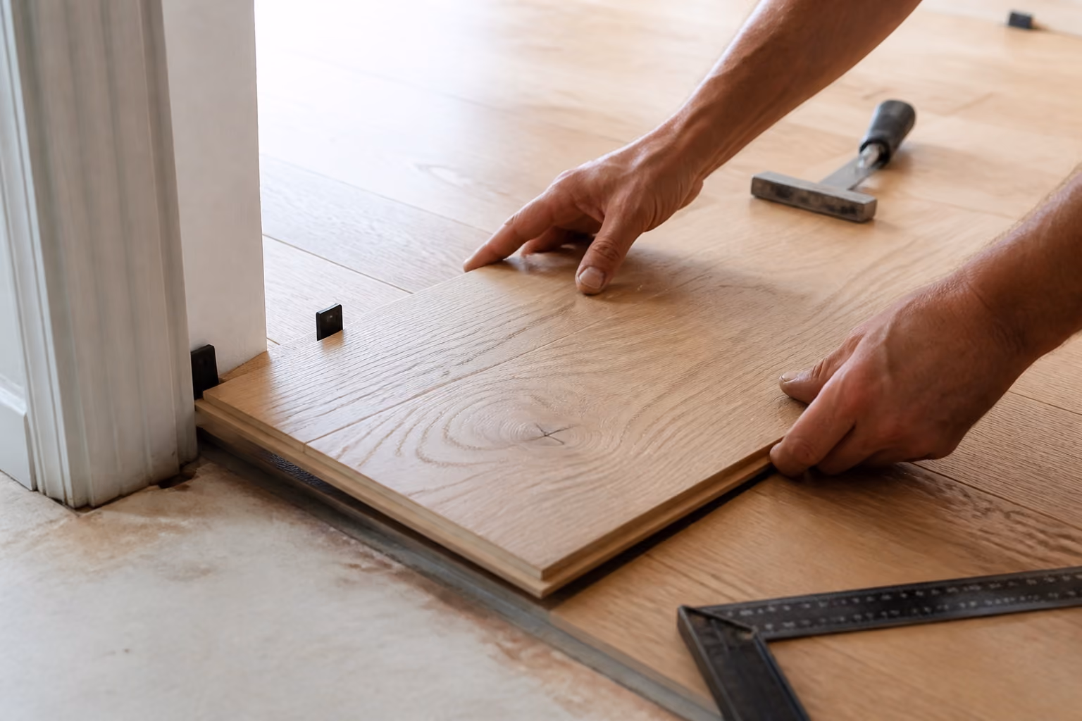 Precision installation of engineered hardwood at a doorway transition