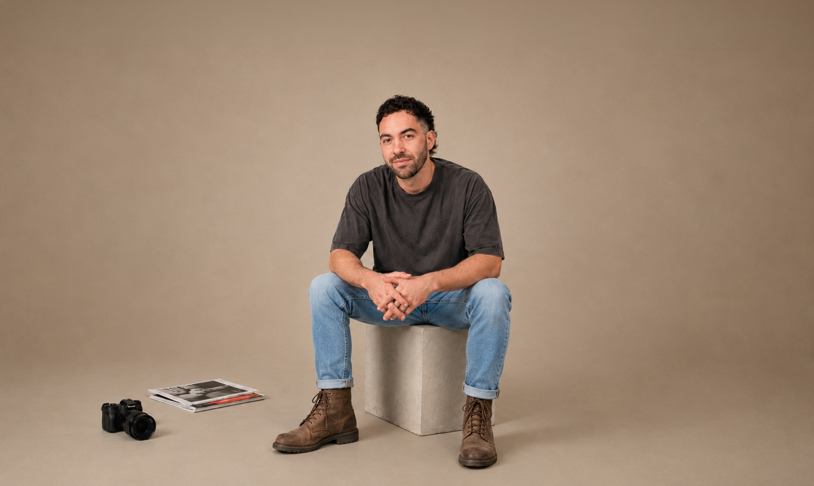 Man with curly hair sits on cube stool wearing black shirt, jeans, brown boots, camera and magazines nearby.