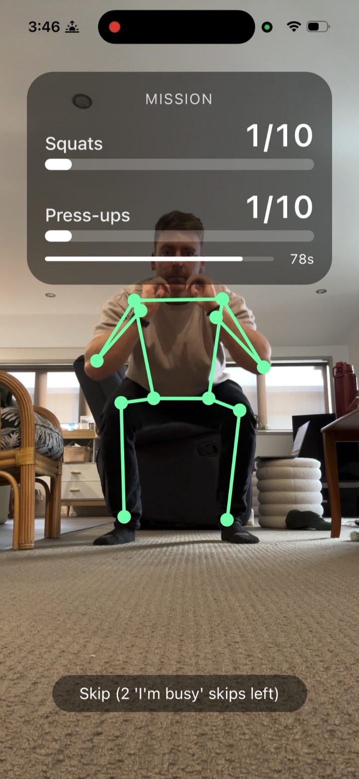 Live rep tracking with pose skeleton