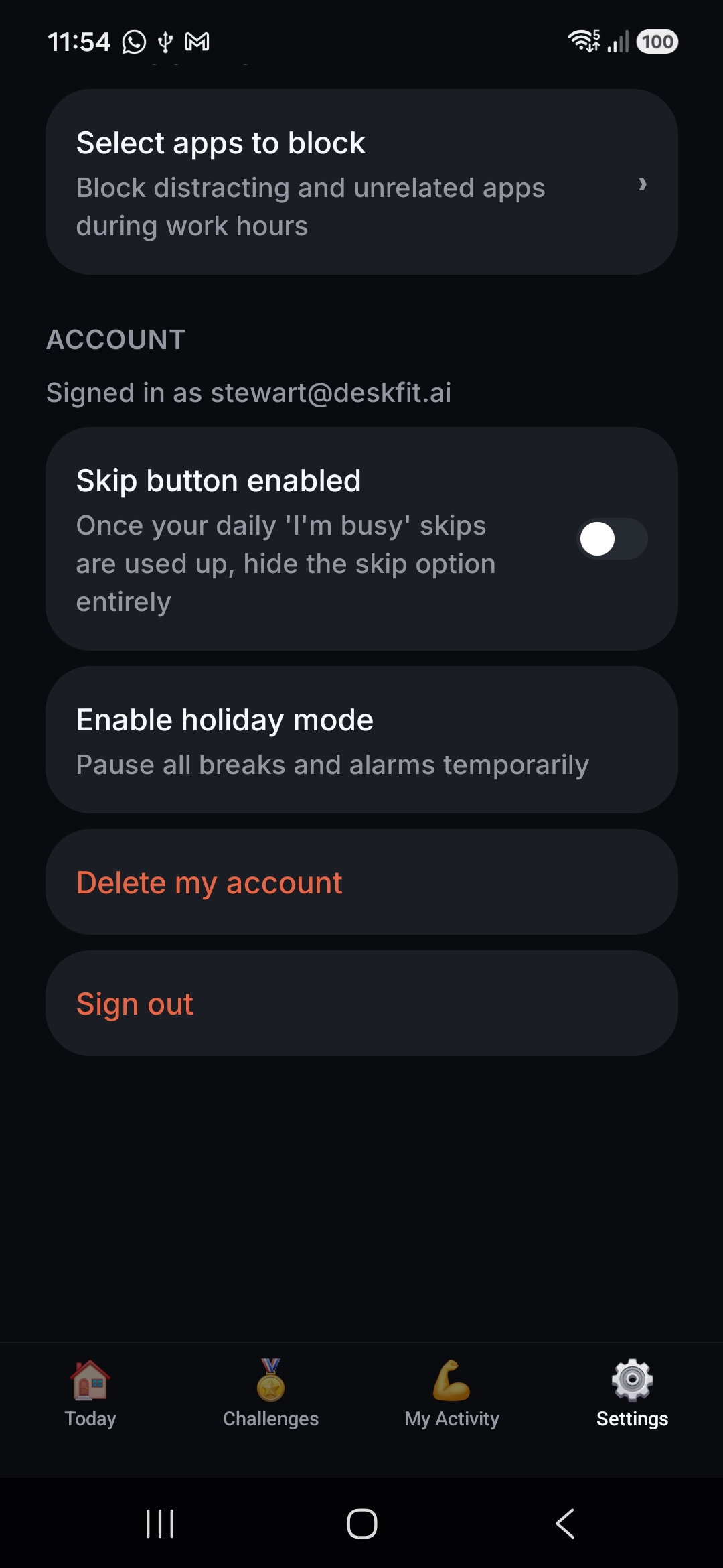 Settings screen with the Delete my account option