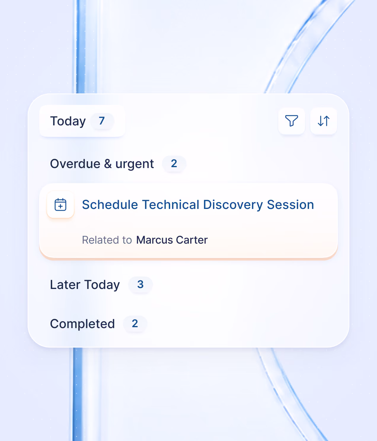 Task list interface showing Today with 7 tasks, Overdue & urgent with 2 tasks including 'Schedule Technical Discovery Session' related to Marcus Carter, Later Today with 3 tasks, and Completed with 2 tasks, with filter and sort icons.